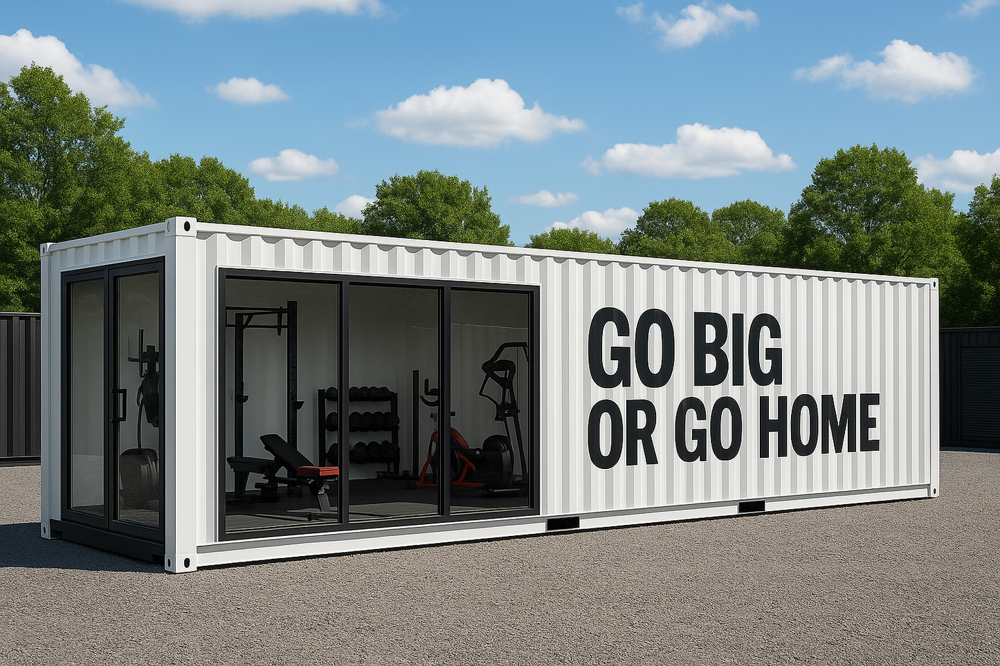 Container with 'GO BIG OR GO HOME' text, gym equipment inside, trees and blue sky in the background