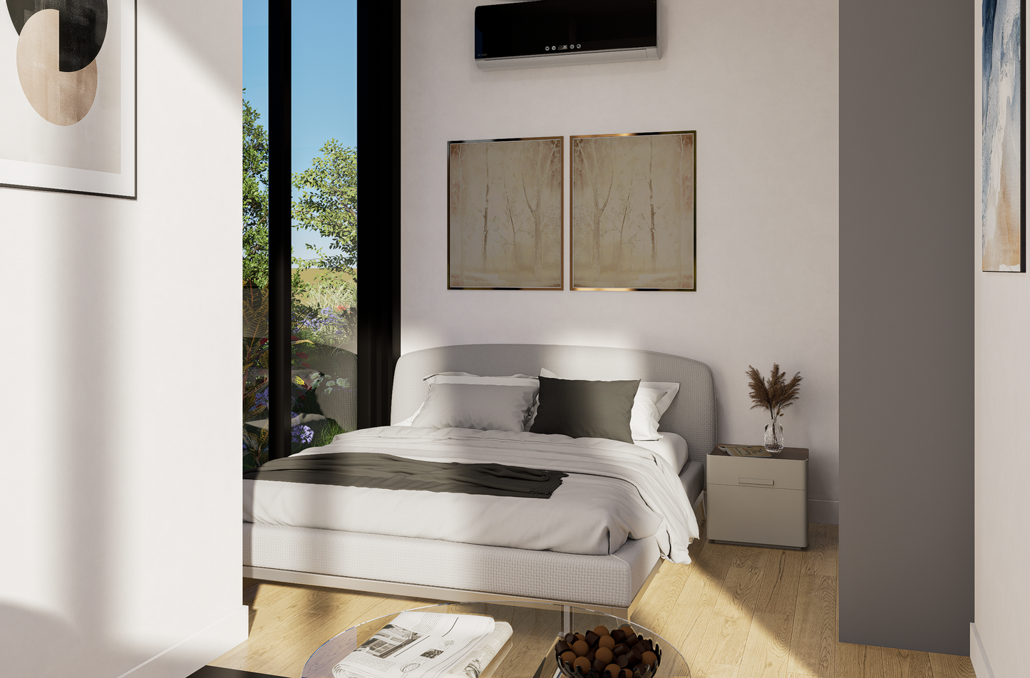Modern bedroom with a bed, nightstands, and large windows.