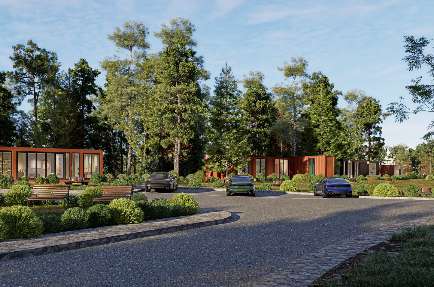 Road with cars and a scenic background of trees and container apartments.