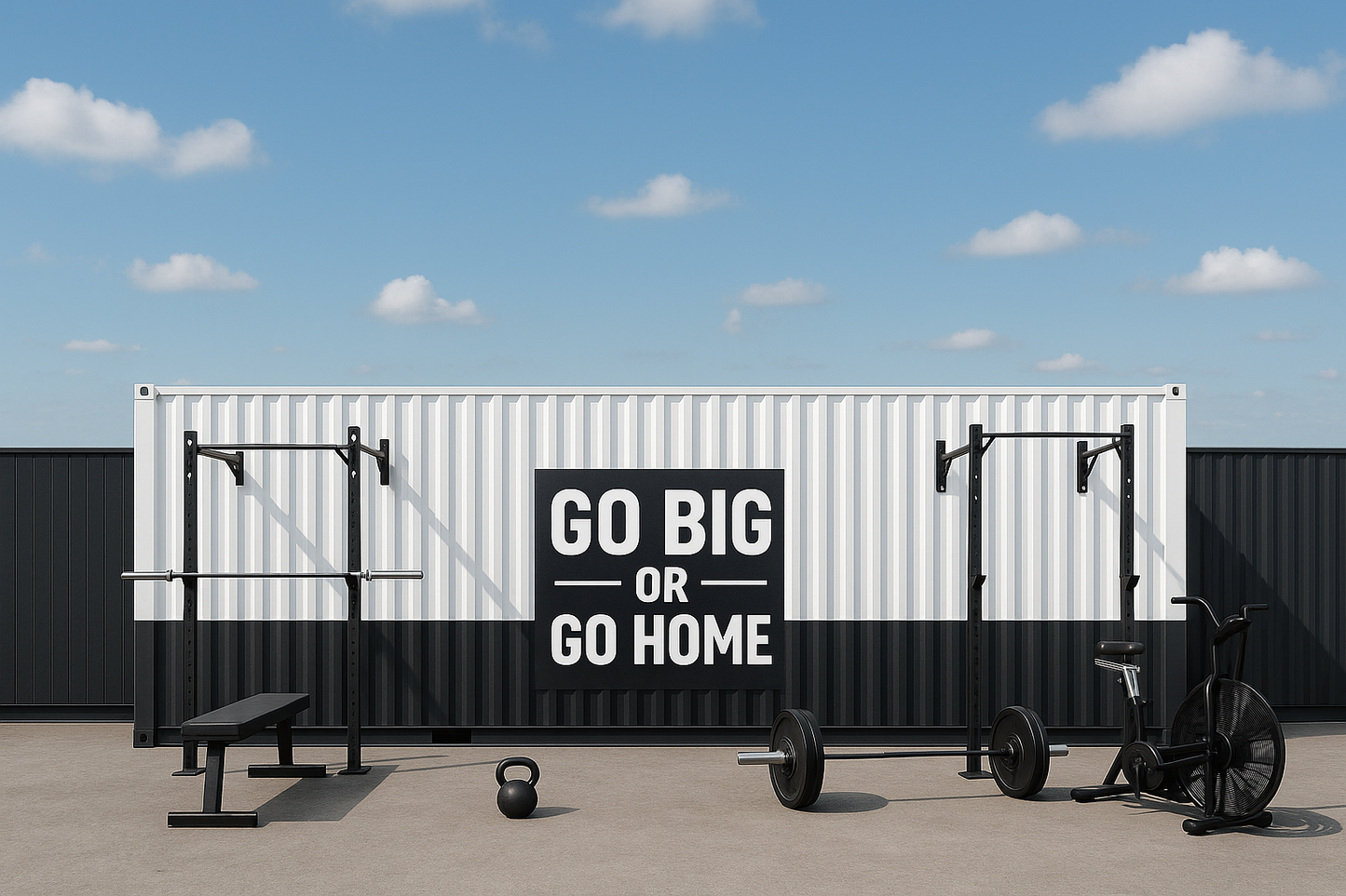Container with 'GO BIG OR GO HOME' slogan, fitness equipment, and kettlebell on a clear day.
