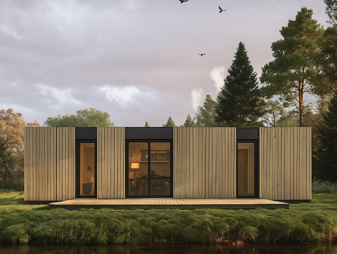 Modern wooden cabin in a forest setting with a cloudy sky.