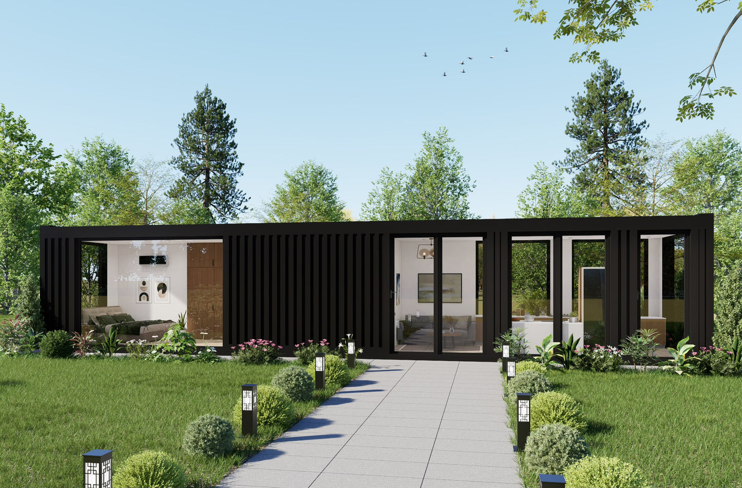 Modern modular house with greenery and a clear sky