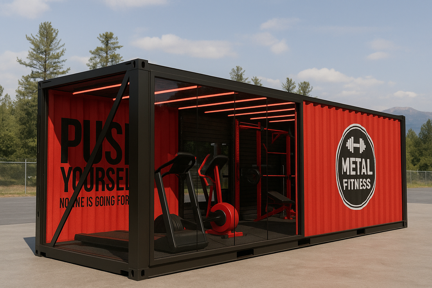 Red and black shipping container converted into a fitness center with 'Metal Fitness' branding.