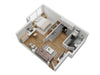 3D floor plan of a modern container apartment layout with living room, bedroom, and kitchen.