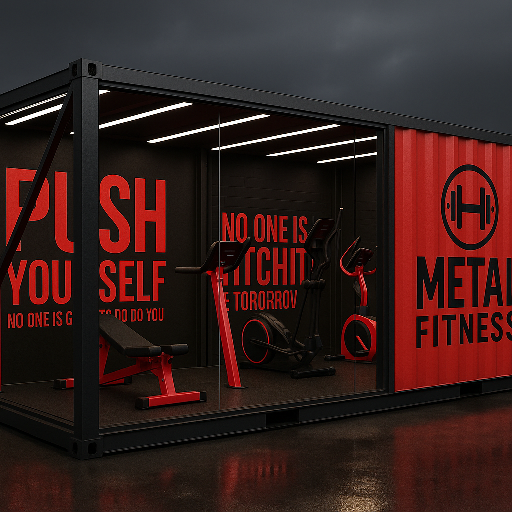 Fitness container with gym equipment and motivational text on a dark background