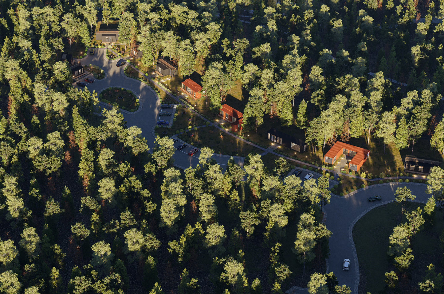 Aerial view of a forest with container houses hidden among the trees