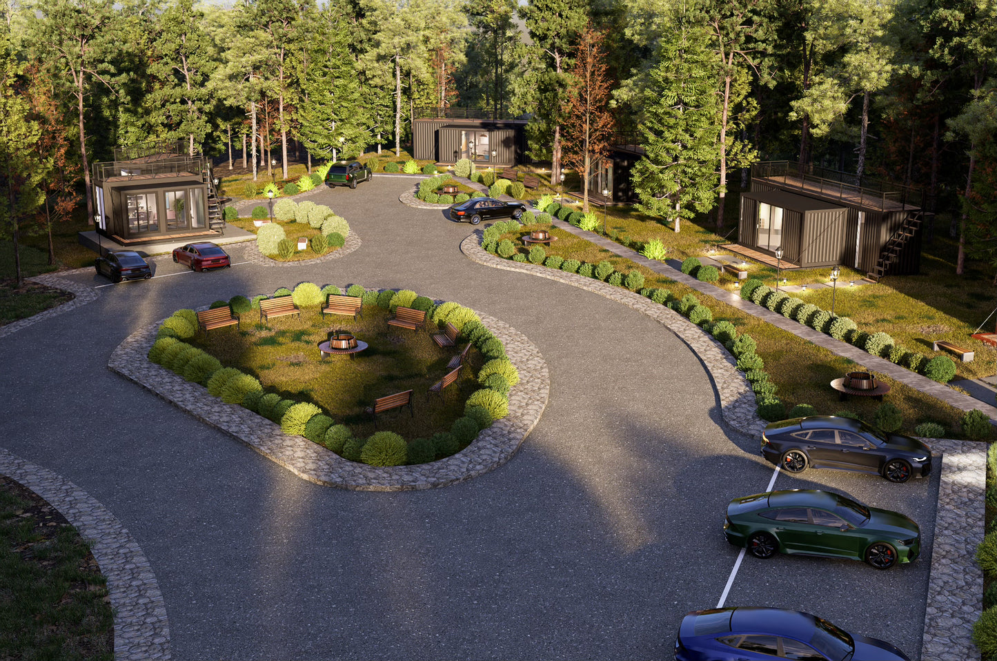 Modern container housing with a circular driveway and landscaped area surrounded by trees