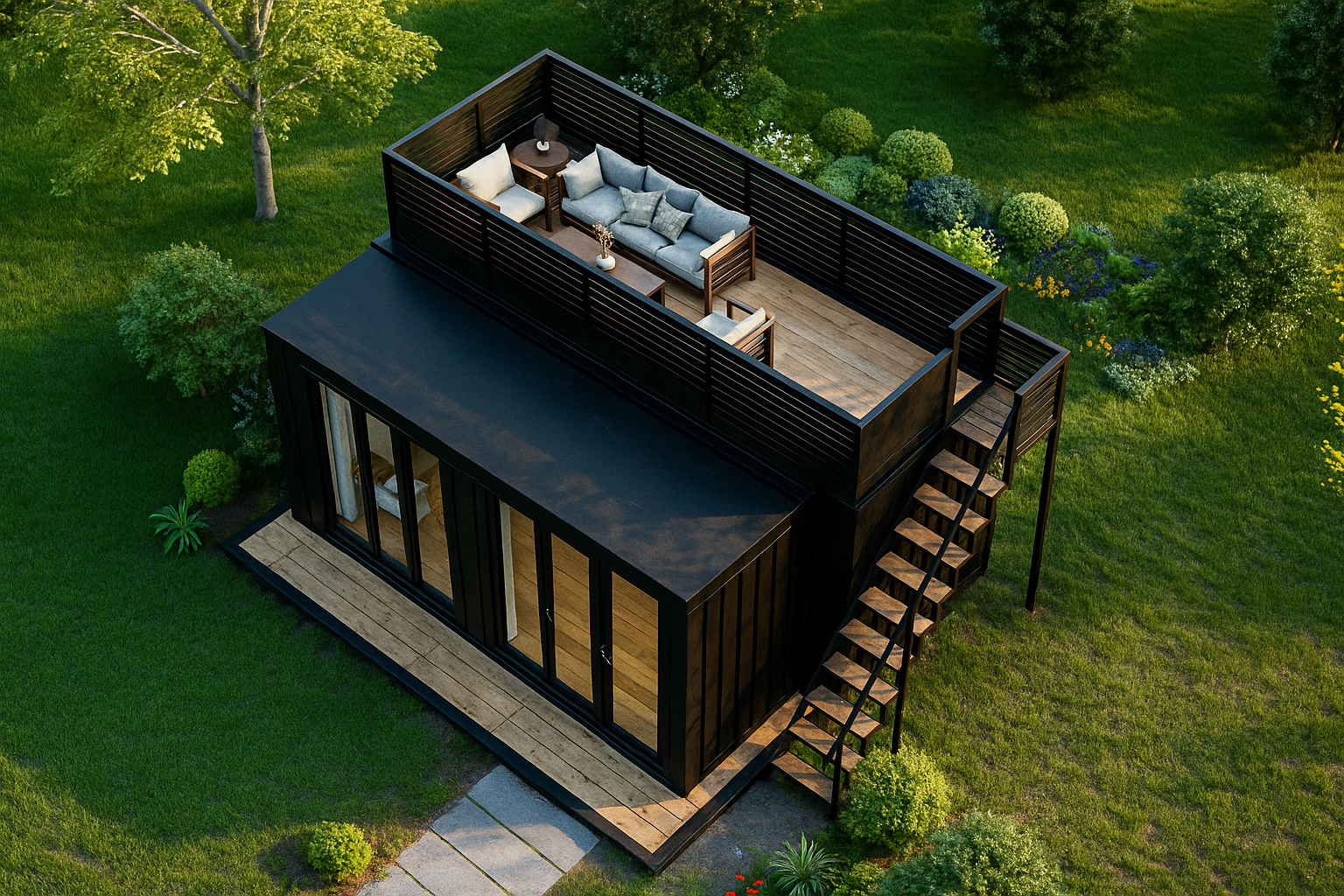 Modern house with a rooftop deck and outdoor furniture in a green, natural setting.