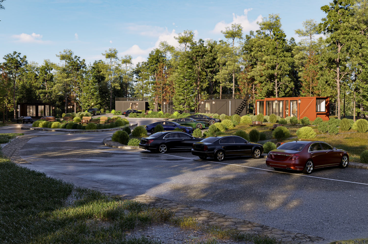 Parking lot with cars in front of a modern building surrounded by trees
