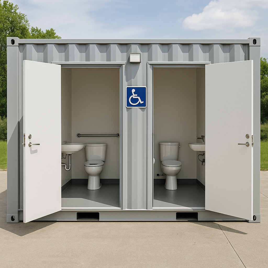 Container-based portable restroom facility with open doors showing toilets and sinks, featuring a wheelchair accessibility sign.