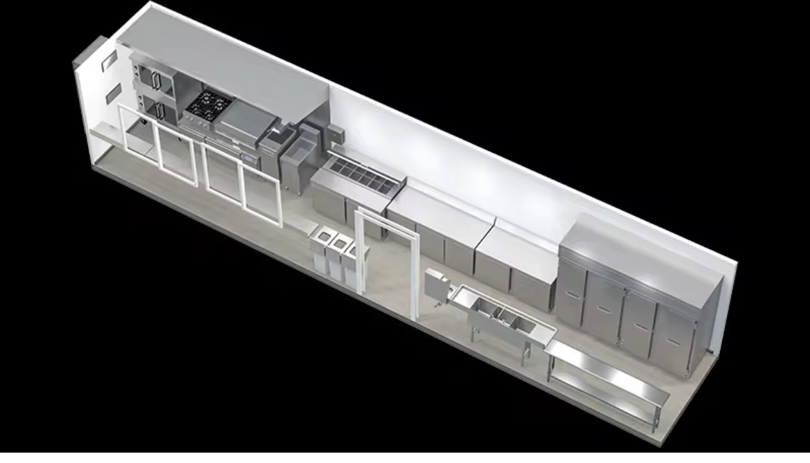 3D layout of a modern container kitchen with white cabinets and black appliances on a black background
