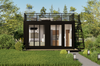Modular building with a rooftop deck in a green, natural setting