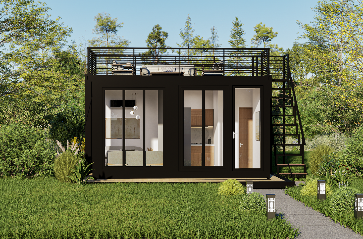 Modular building with a rooftop deck in a green, natural setting