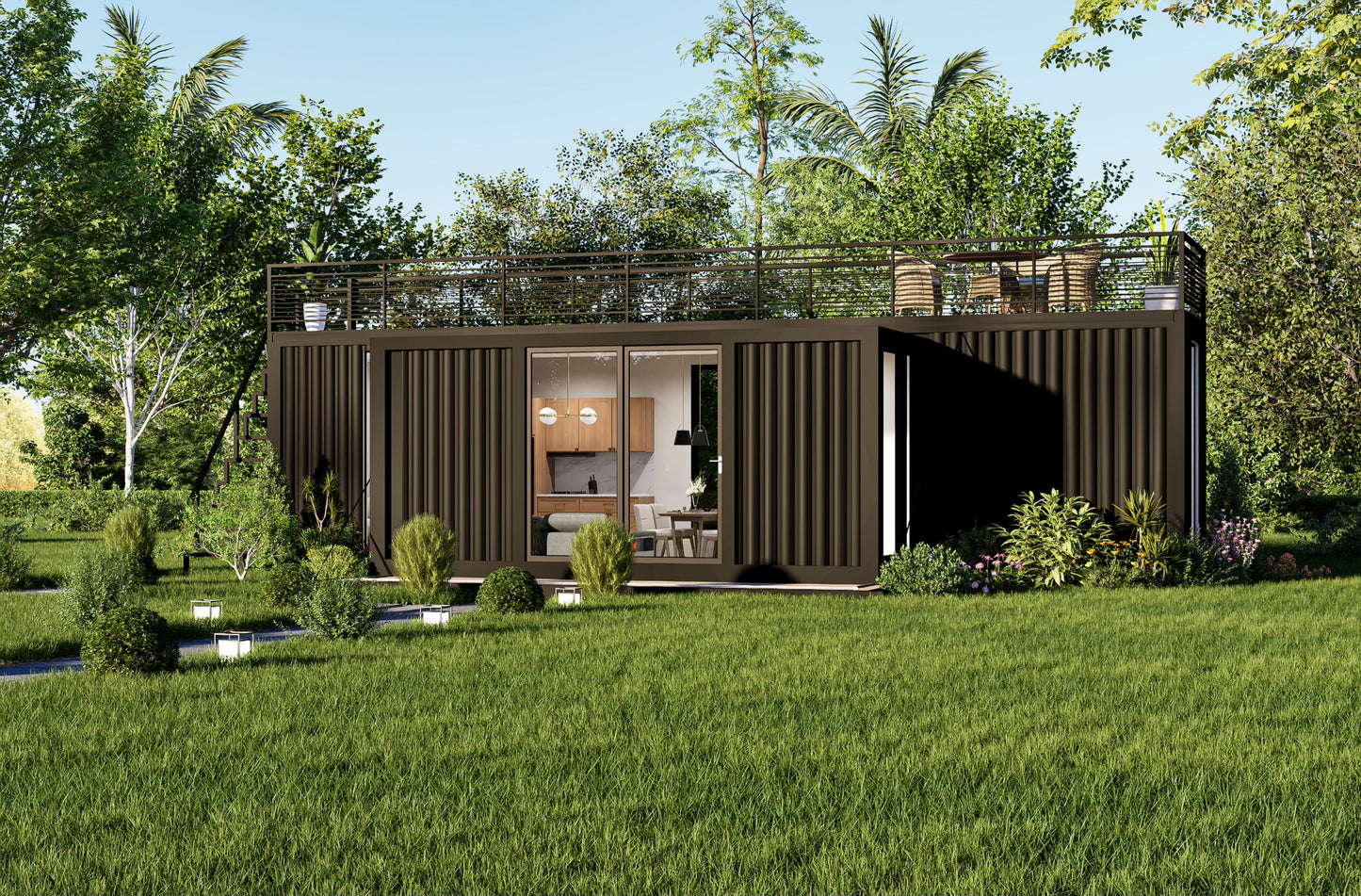 Container house with a modern design in a green, outdoor setting