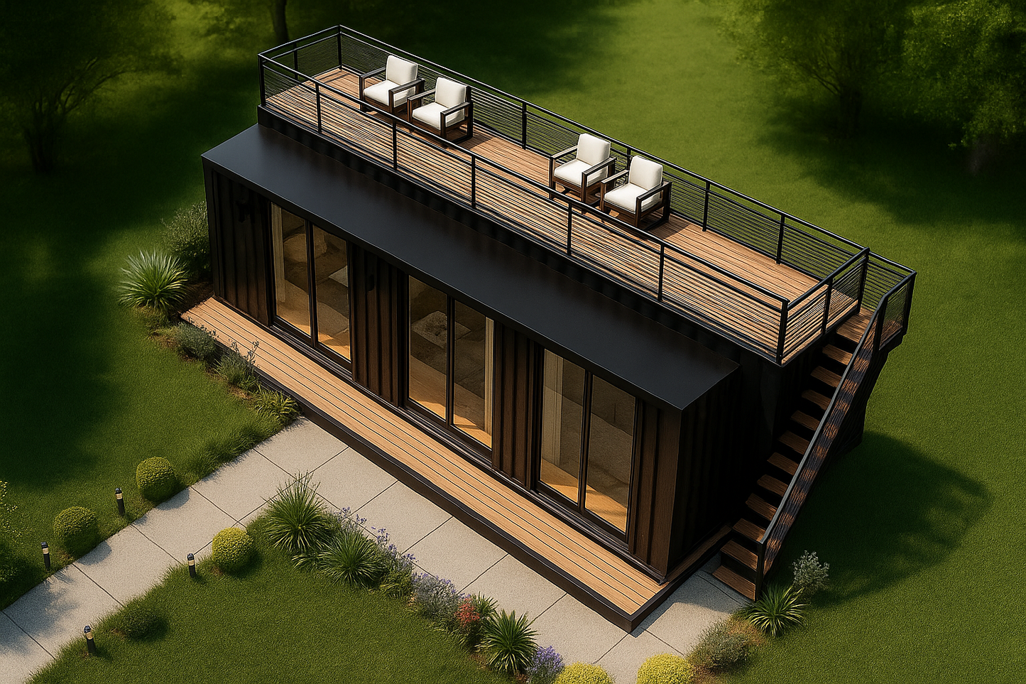 Modern house with a rooftop deck and garden