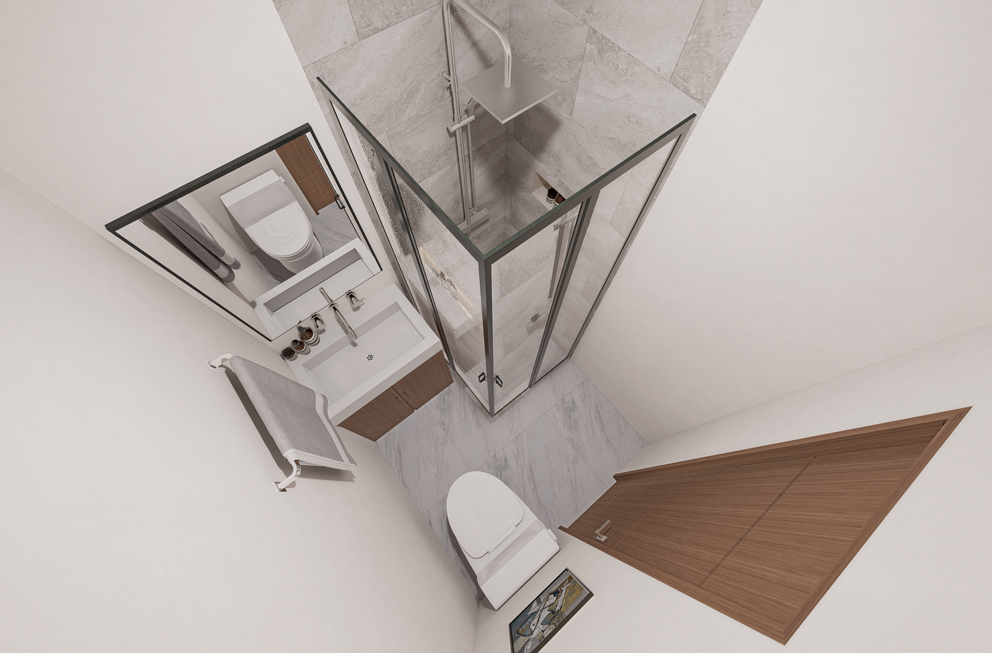 Top-down view of a small bathroom with a shower and toilet.