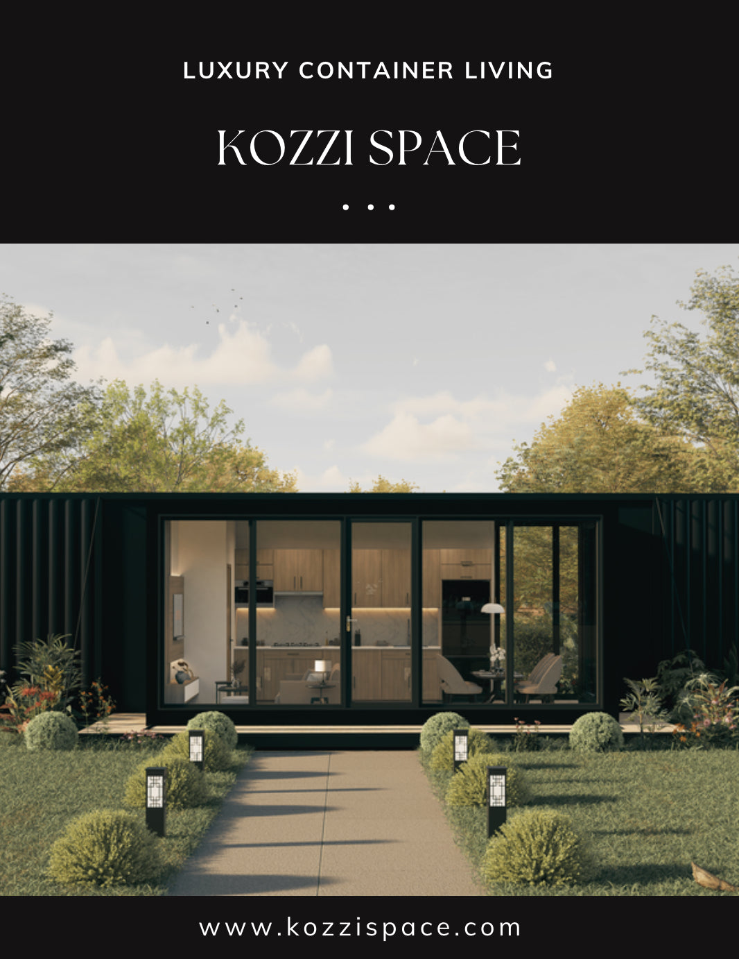 Modern container home with 'Kozzi Space' branding and website address.