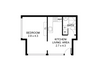 Floor plan diagram of a small apartment layout with bedroom, kitchen/living area, and bathroom.
