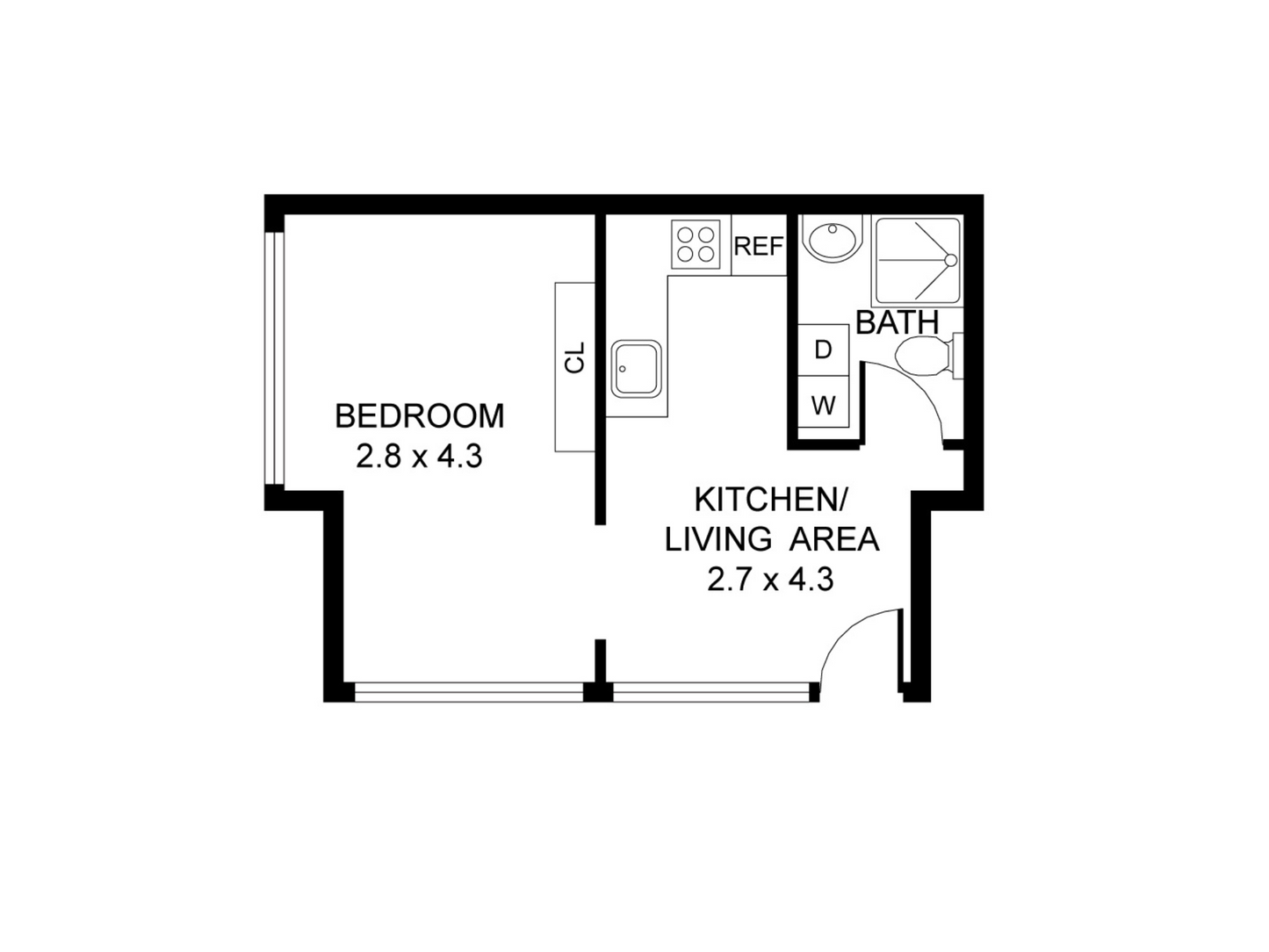 Floor plan diagram of a small apartment layout with bedroom, kitchen/living area, and bathroom.