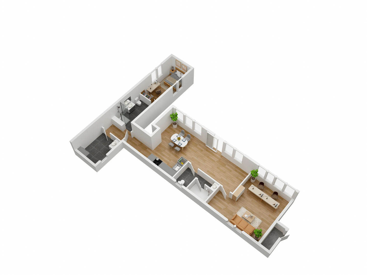 3D floor plan of a modern apartment layout on a white background