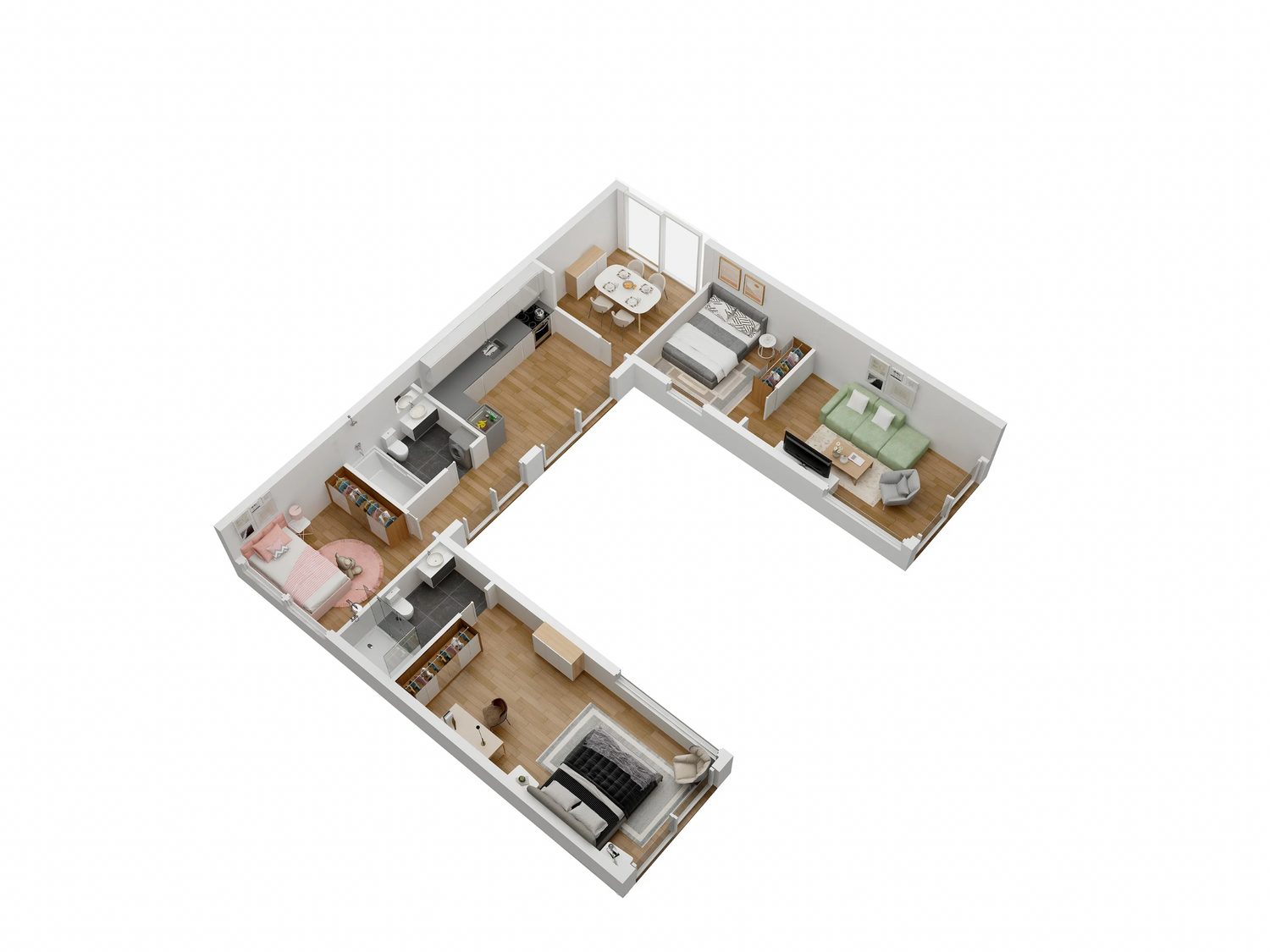 3D floor plan of a modern apartment layout on a white background