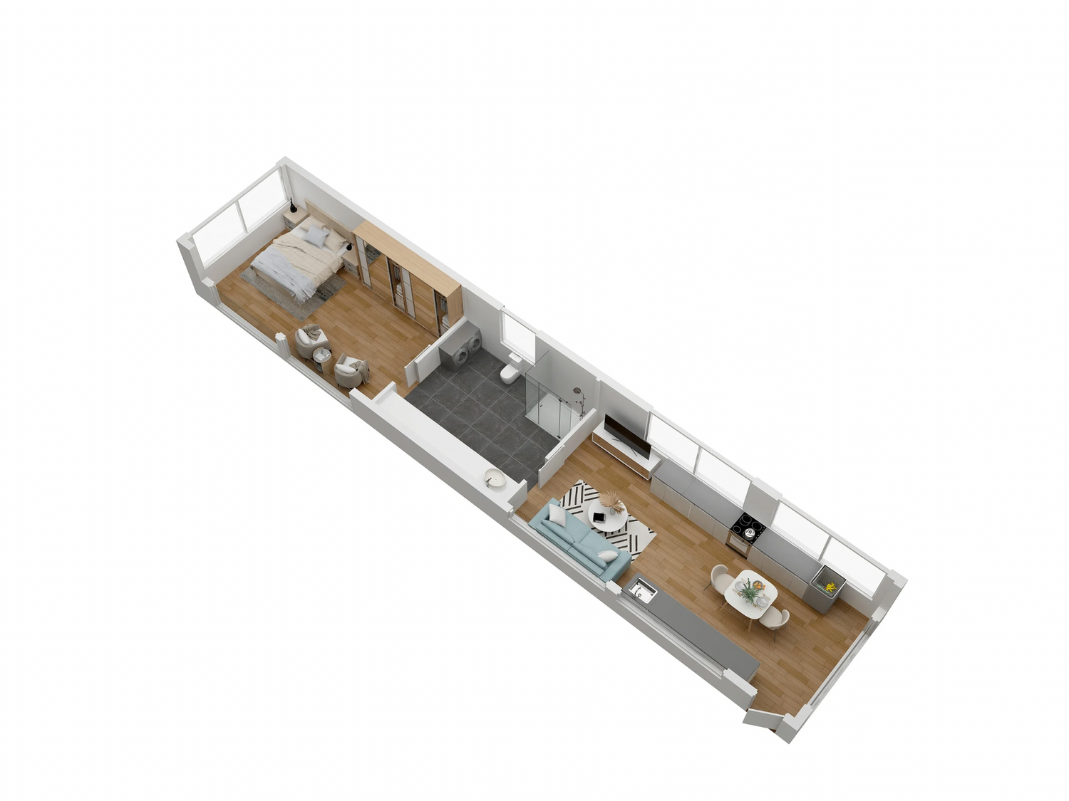 3D floor plan of a modern apartment layout with living room, bedroom, and kitchen.