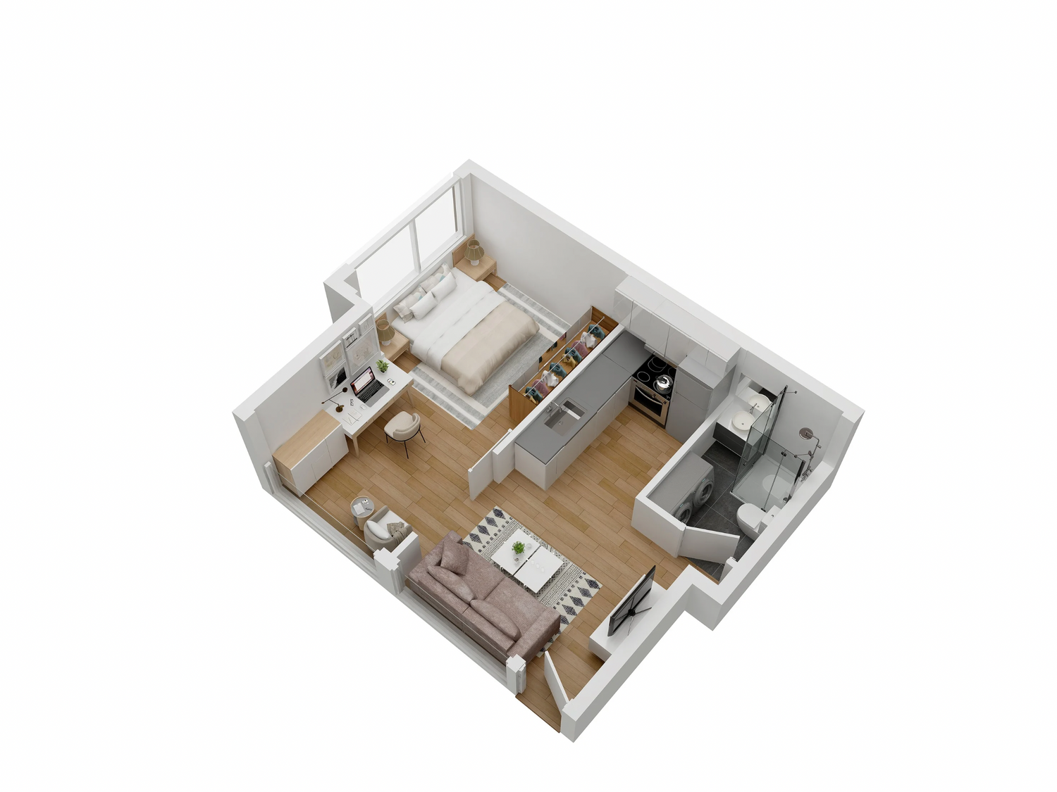 3D floor plan of a modern apartment layout with rooms and furniture.