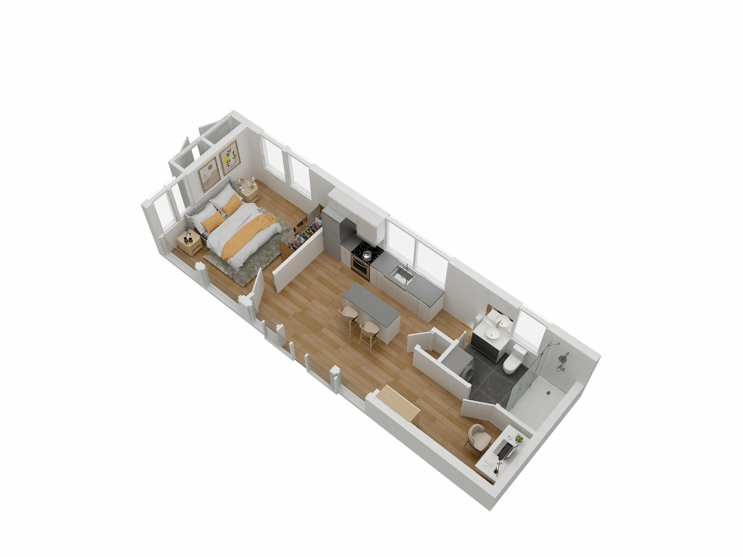3D floor plan of a modern apartment layout with bedroom, living room, and kitchen.