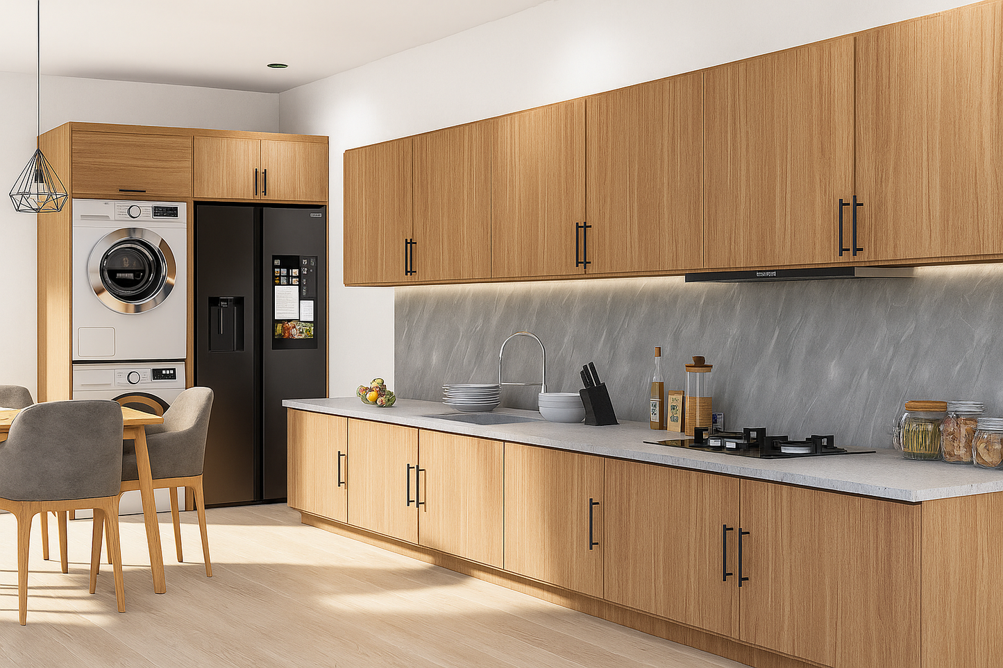Modern kitchen with wooden cabinets, gray backsplash, and appliances.