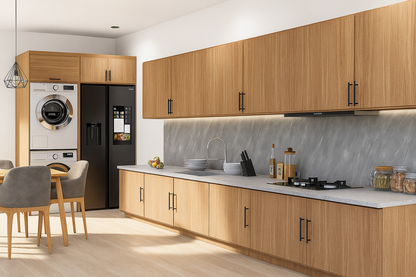Modern kitchen with wooden cabinets, gray backsplash, and appliances.