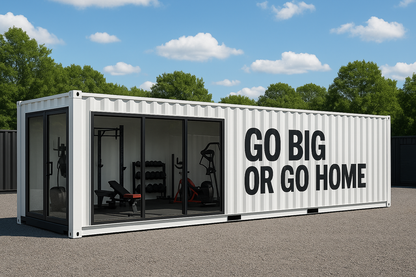Container with 'GO BIG OR GO HOME' text, gym equipment inside, trees and blue sky in the background
