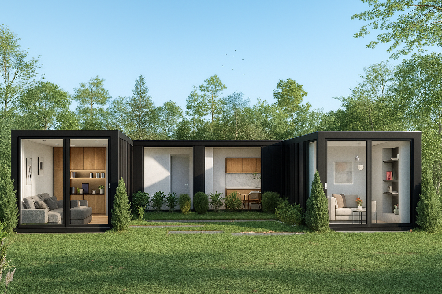 Modern modular homes with interior views in a green outdoor setting