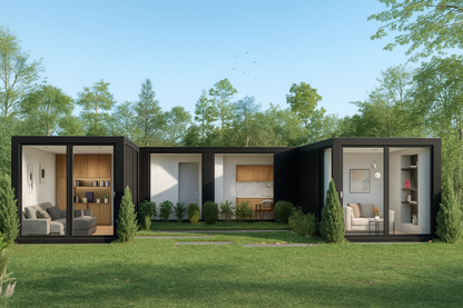 Modern modular homes with interior views in a green outdoor setting