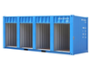 Blue shipping container storage modular with gray doors on a white background