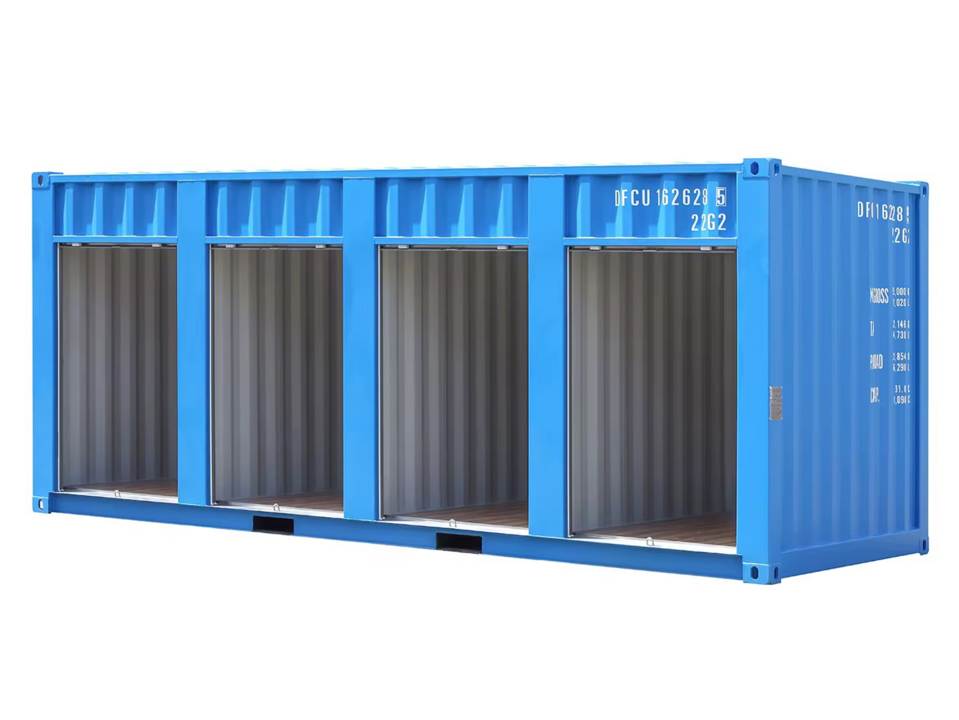 Blue shipping container storage modular with gray doors on a white background