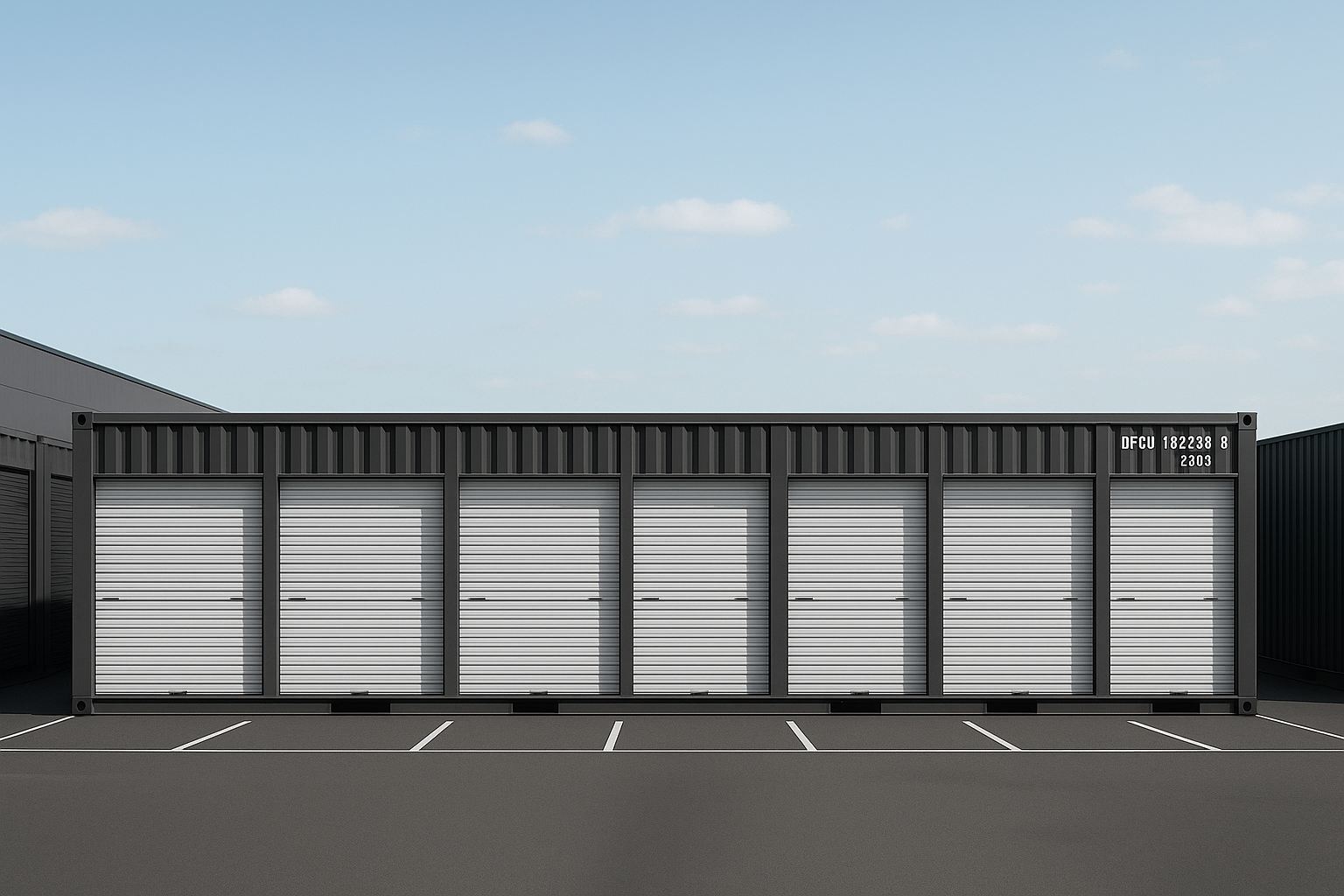 Row of storage units built using container with white doors on a clear day