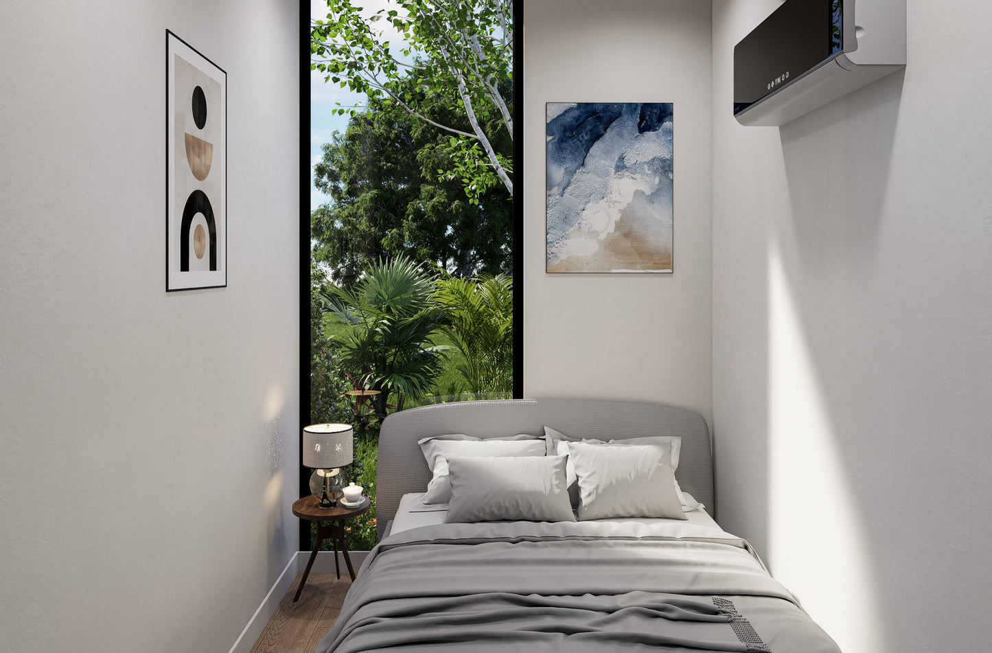 Modern bedroom with gray bedding, nightstands, and wall art.
