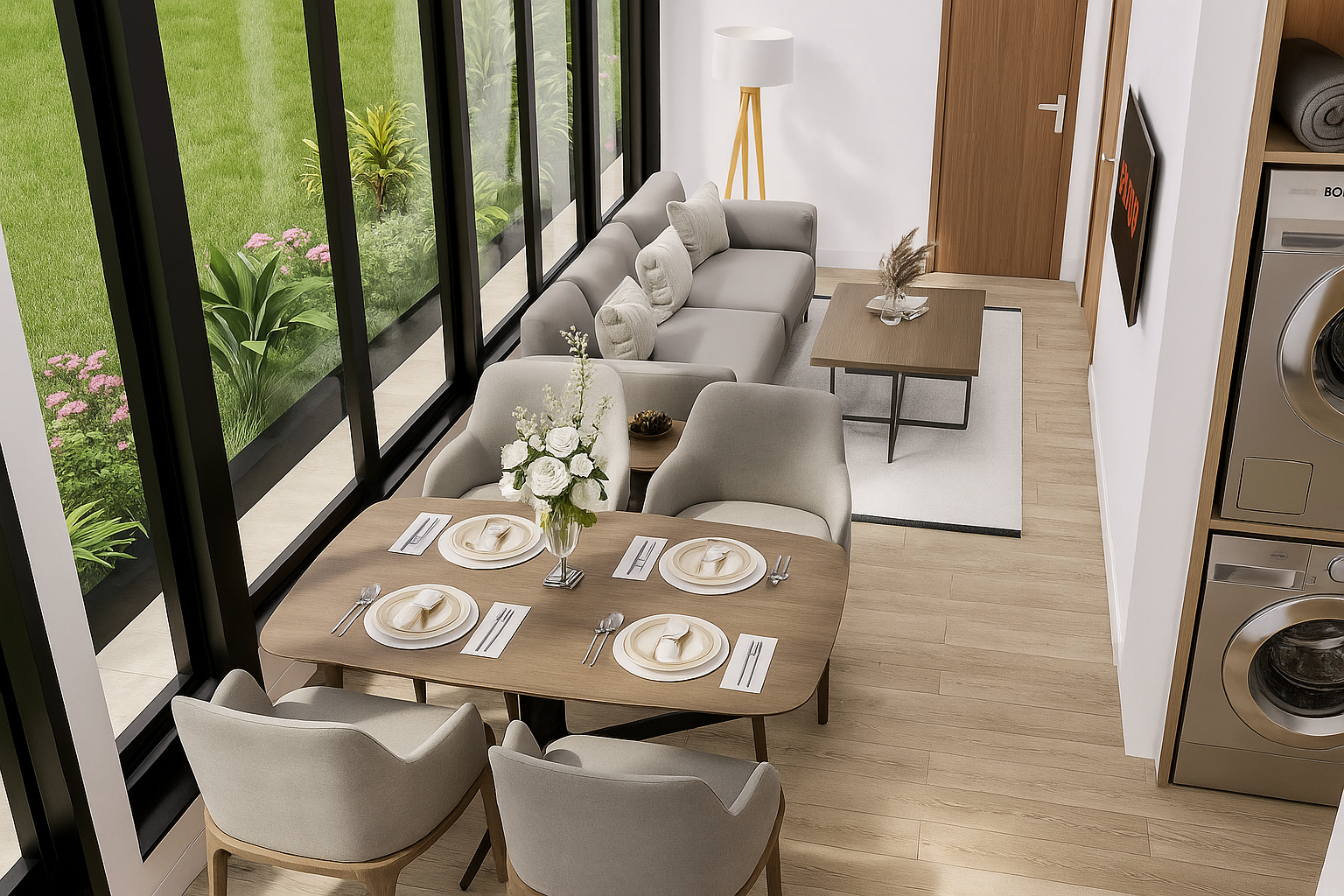 Modern living room with a dining table set for four, large windows, and laundry appliances.
