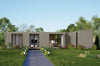 Modern container house with a garden and clear blue sky