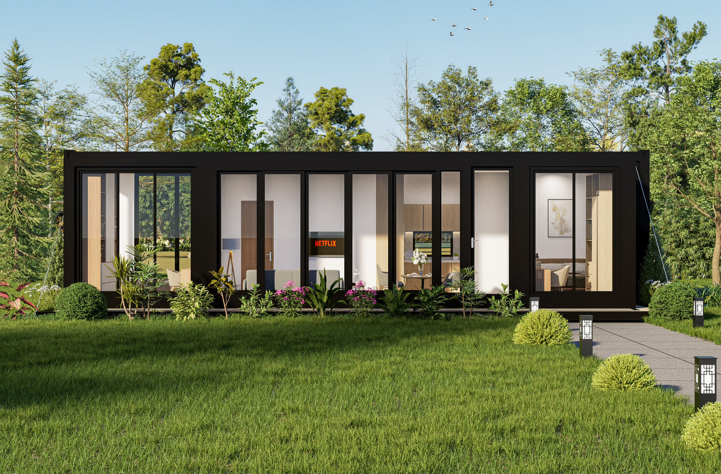 Modern modular building in a green, tree-lined setting