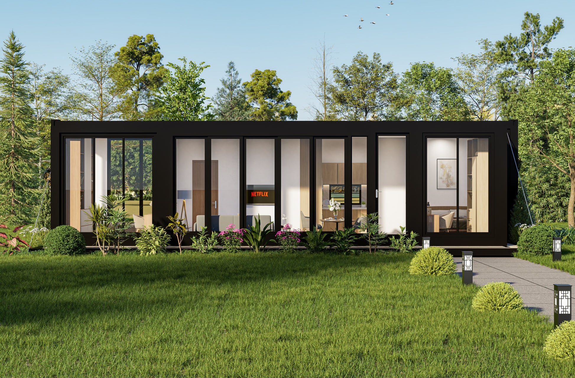Modern modular building in a green, tree-lined setting