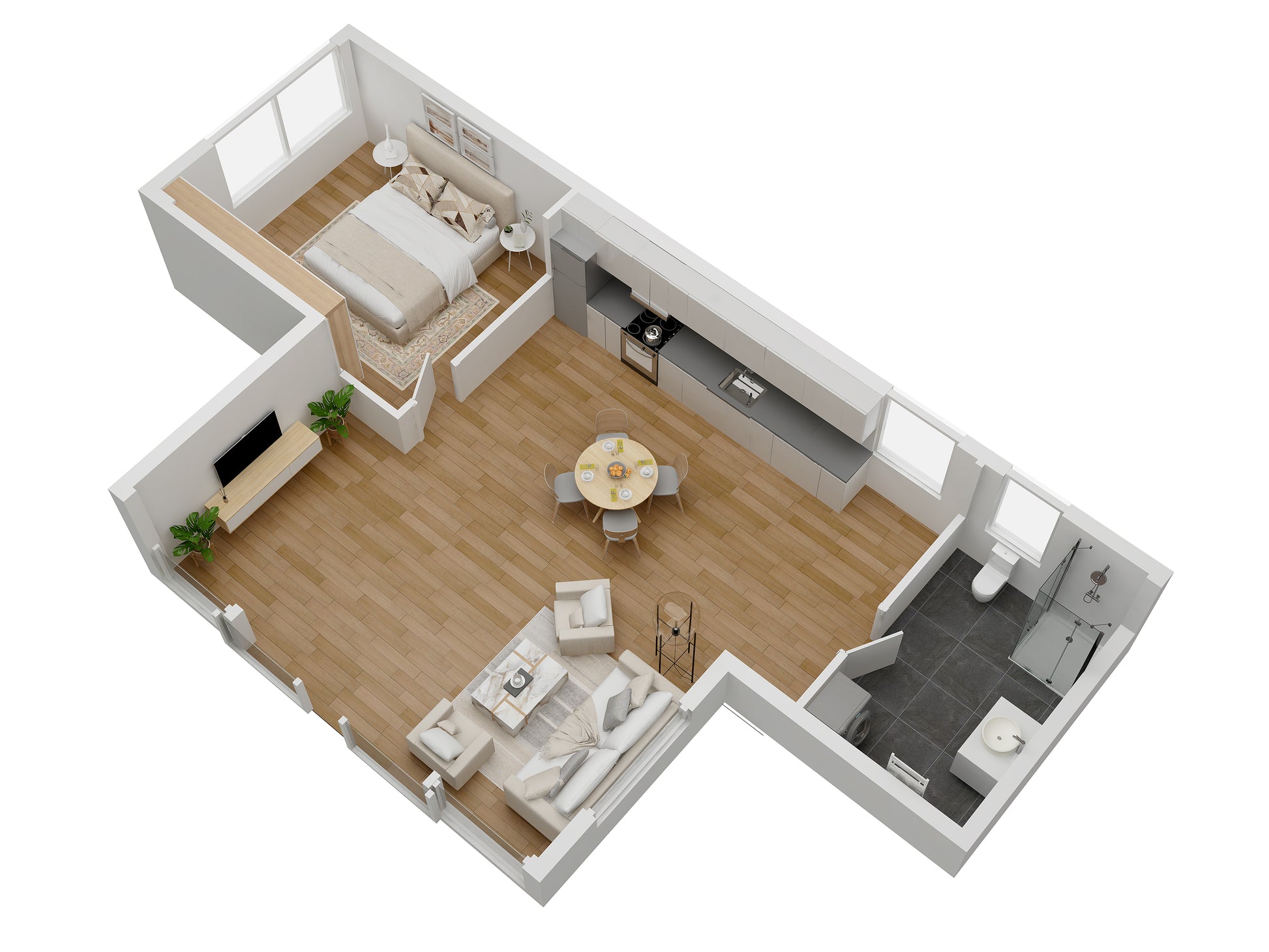 3D floor plan of a modern container apartment layout with living room, kitchen, and bedroom.