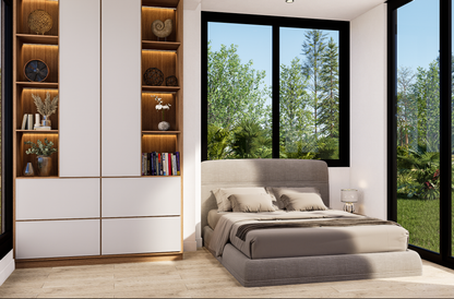 Modern bedroom with a bed, shelves, and large windows showing greenery outside.