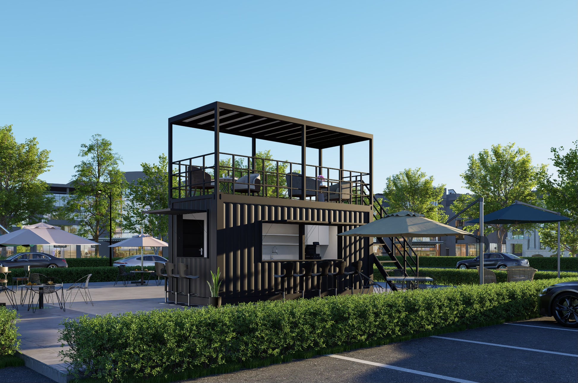 A roadside container shop featuring observation tower and seating area in a park-like setting.