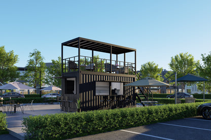 A roadside container shop featuring observation tower and seating area in a park-like setting.