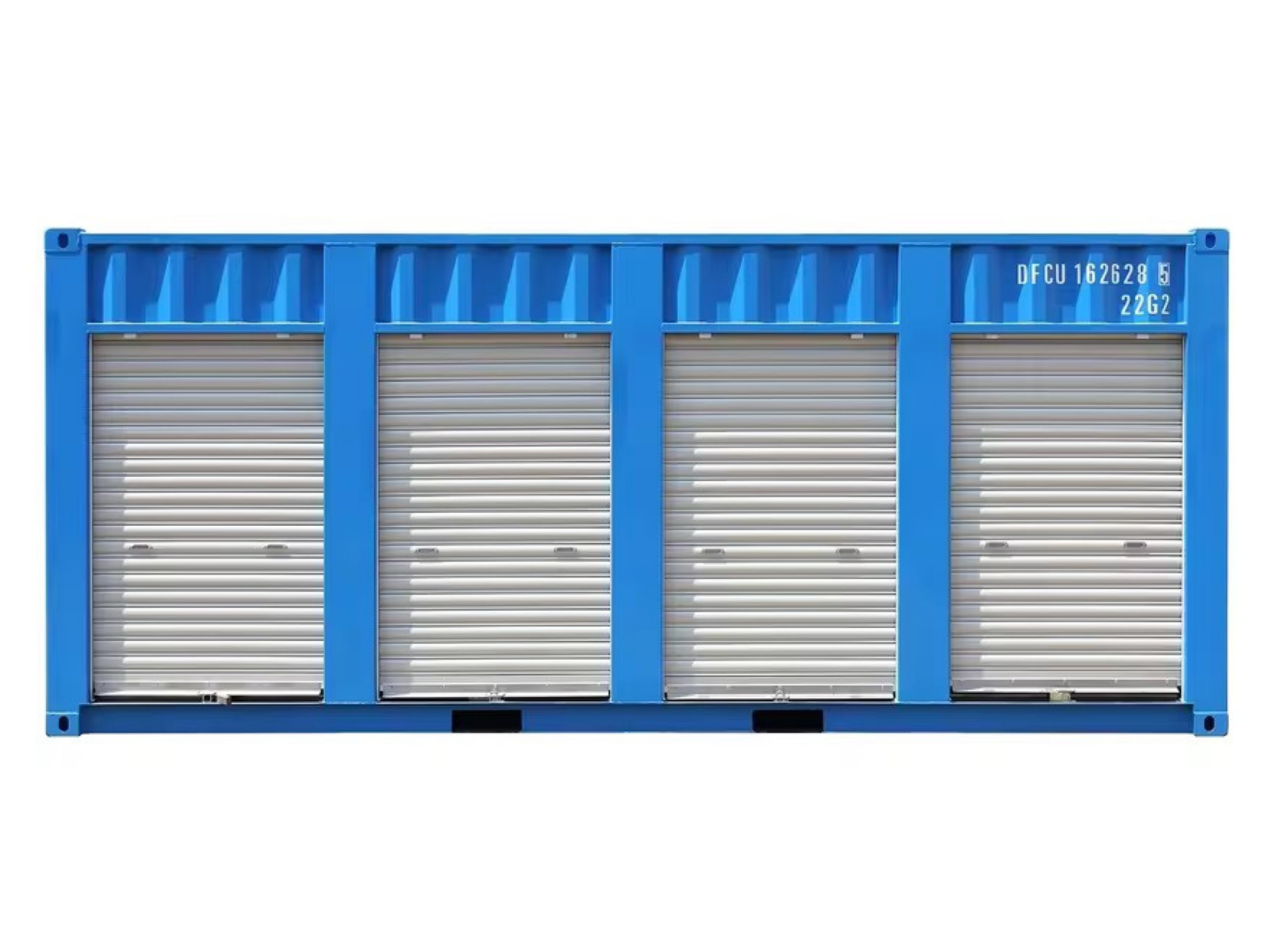 Blue shipping container with white doors on a white background