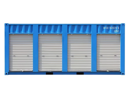Blue shipping container with white doors on a white background