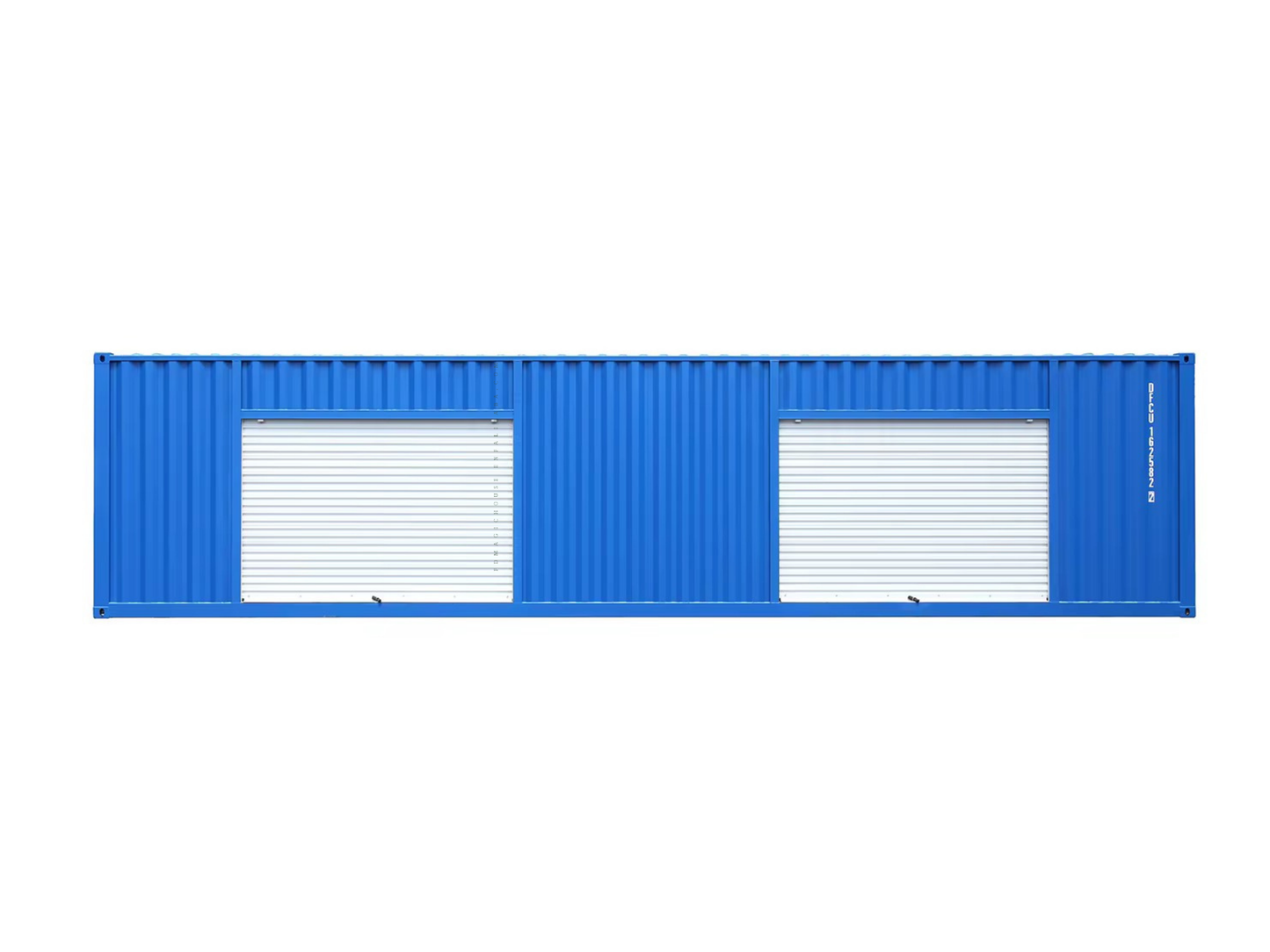 Blue shipping container with white doors on a white background