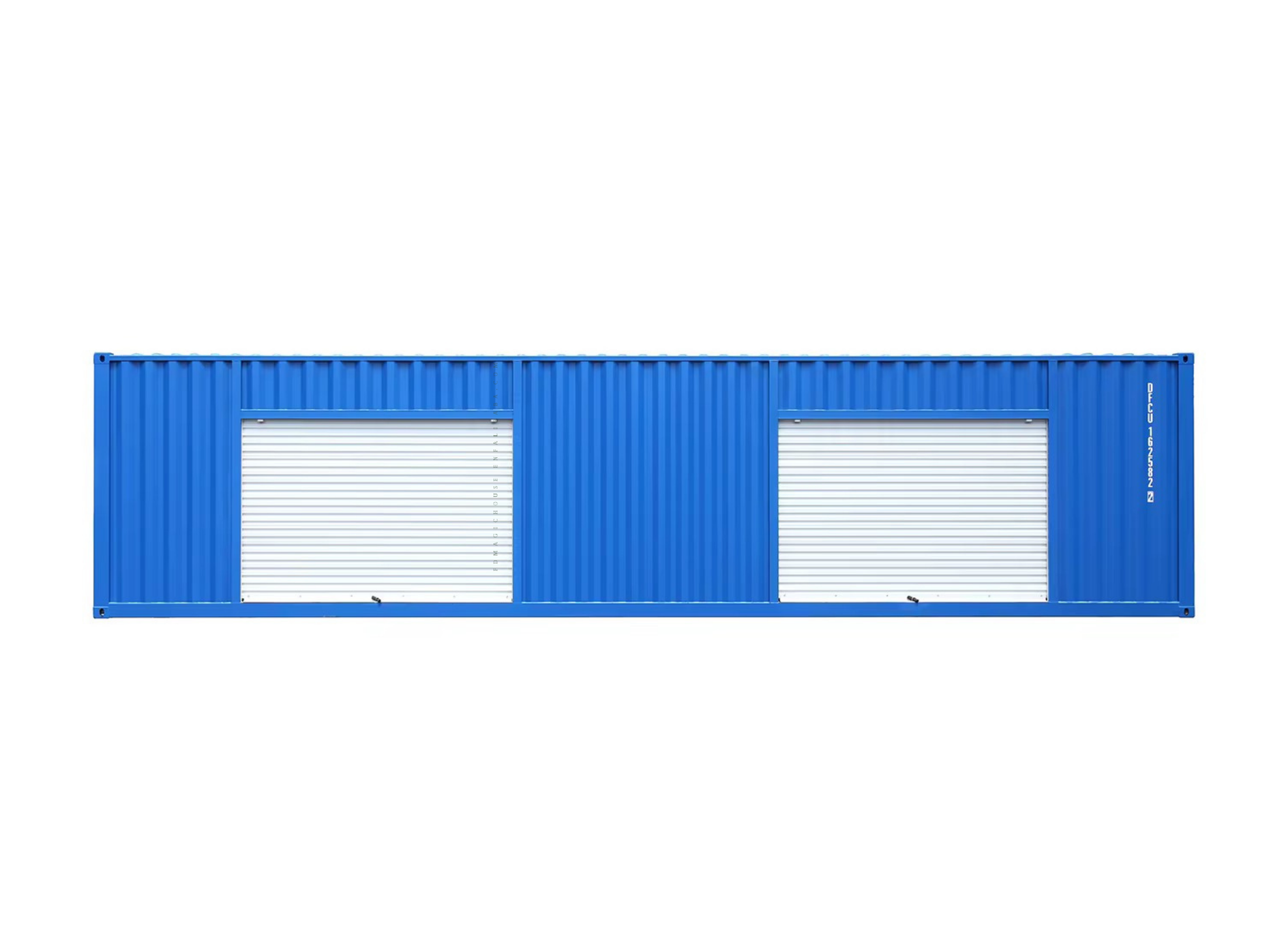 Blue shipping container with white doors on a white background