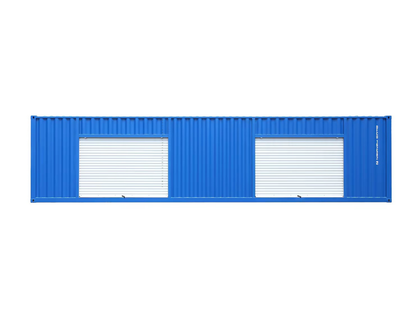Blue shipping container with white doors on a white background